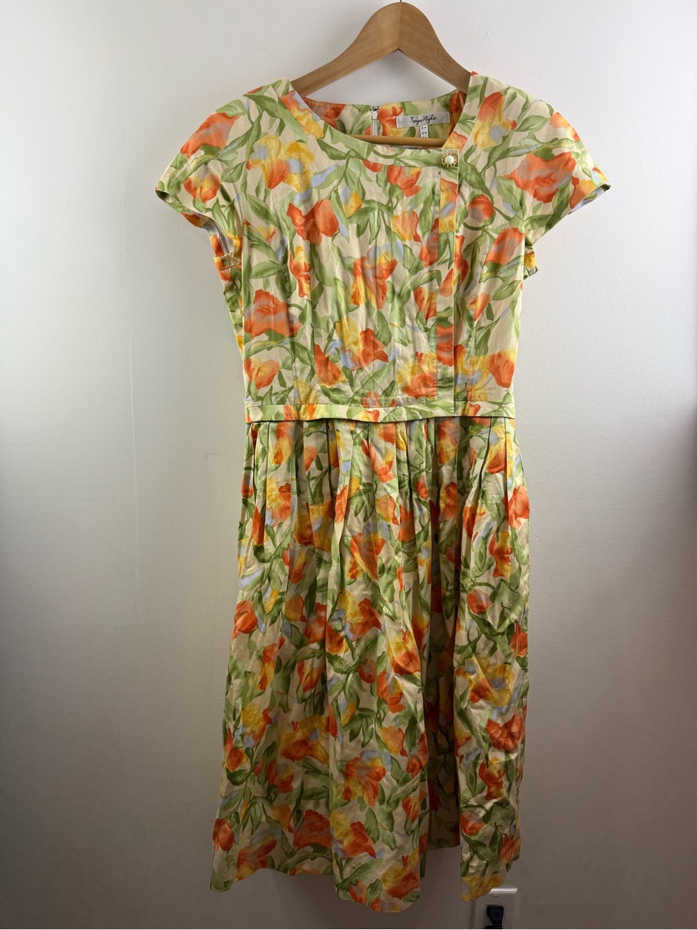 Vintage Style 100% Cotton Floral Midi Dress Pleated Watercolor Citrus M 6